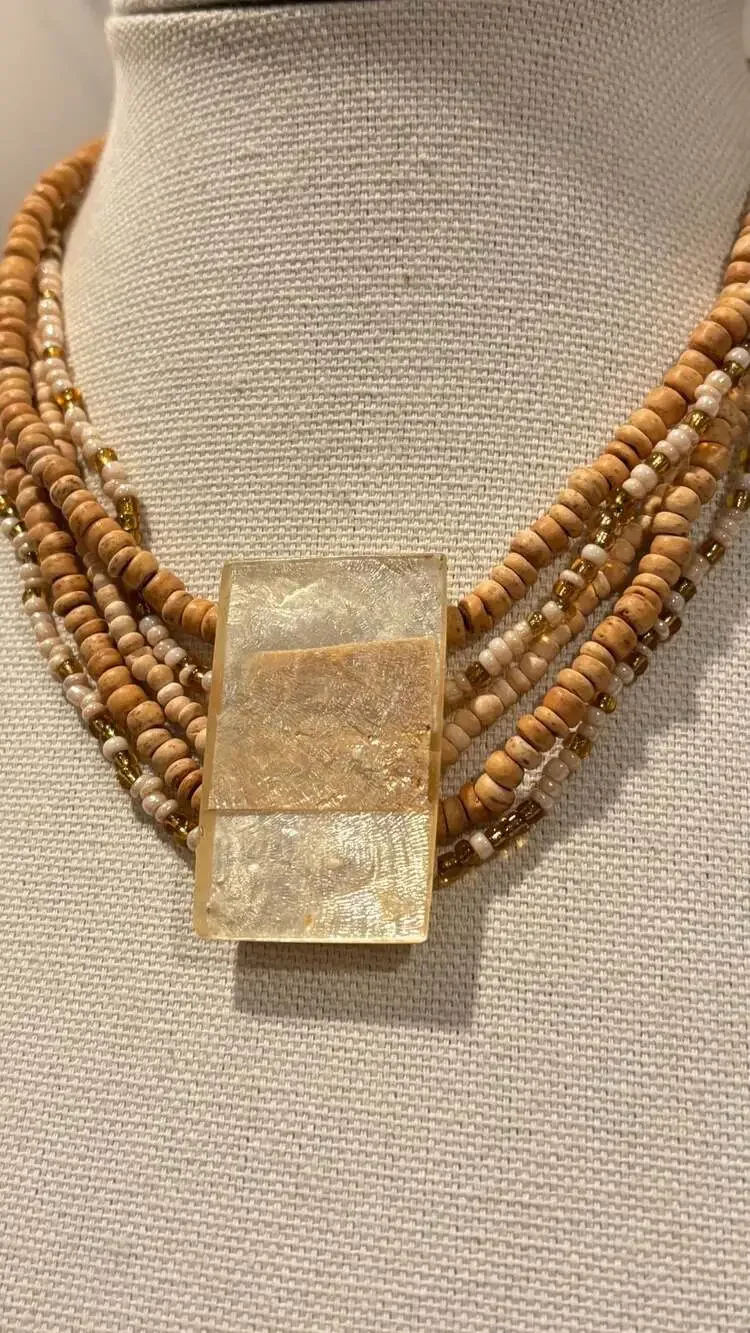 Multistrand Boho Necklace Wooden Beads Large Lucite/Resin Square Pendant